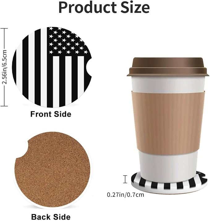 Black White American Flag Absorbent Ceramic Car Coasters 2 Pack Round Insert Cupholder Coaster Car Cup Holder Mat with Finger Notch Anti-Slip Cork Base Reusable Drink Coasters 2.56 in
