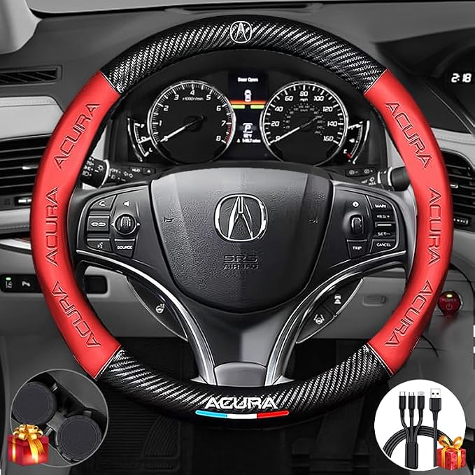 Steering Wheel Cover Compatible with Acura, Nappa Leather&Carbon Fiber Texture Steering Wheel Cover, 14.5-15 Inch Diameter with 2 Coasters and USB Fast Charging Cable (Red)