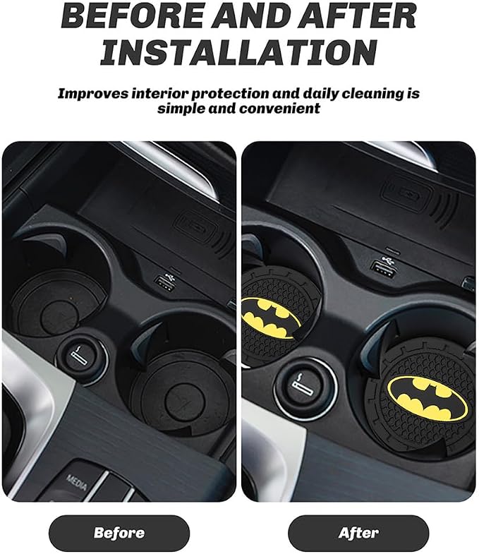 2Pcs Car Cup Holder Coasters for Bat Man Marvel Fans, Silicone Non-Slip Drink Mats, Cup Mats for Car Interior Accessories, Universal Anti-Spill Coaster Insert
