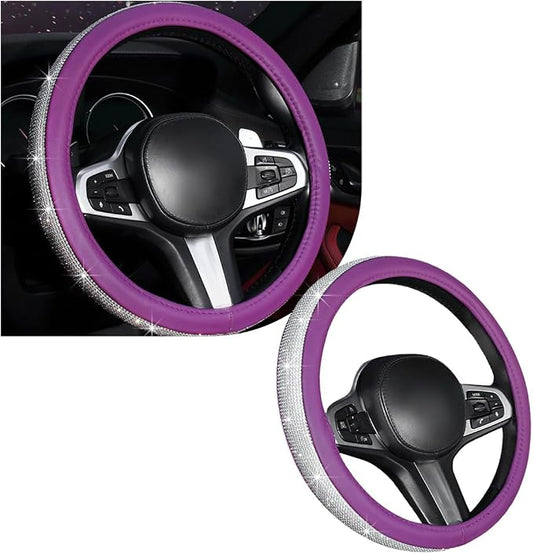 povtii Bling Car Steering Wheel Cover, Sparkling Crystal Rhinestone Auto Wheel Protector, Anti Slip Cover Fit 15 Inch Steering Wheel for Women Girls, Universal Car Accessories (White+Purple)