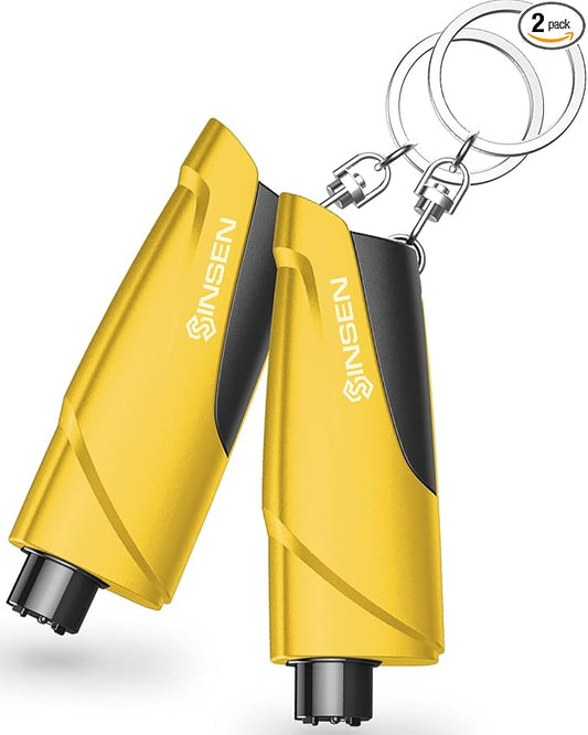 SINSEN Window Breaker Seatbelt Cutter, Car Emergency Safety Keychain, Seat Belt Escape Tool and Glass Hammer, Spring-Loaded for Land and Underwater, 2PCS, Yellow