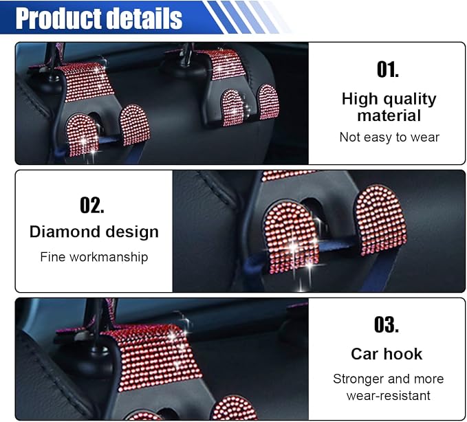 LAINLOY 2PCS Car Seat Headrest Hooks, Shiny Crystal Hanger Holder, Backseat Hanger Storage Organizer, Bling Rhinestone Car Purse Hook, Car Accessories for Women Universal for SUV Truck Vehicle (Red)