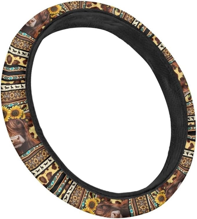 Wanyint Aztec Highland Cow Sunflower Leopard Print Auto Car Steering Wheel Cover for Women Men, Universal 15 Inch Soft Elastic Anti-Slip Easy to Install Car Accessories
