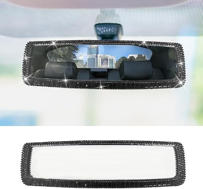 Bling Car Rear View Mirror, Clip-On Rhinestone Car Rearview Mirror with Crystal Diamonds, HD Glass Auto Interior Rear View Mirror, Car Decoration Accessories for Women Men Teens (Black)