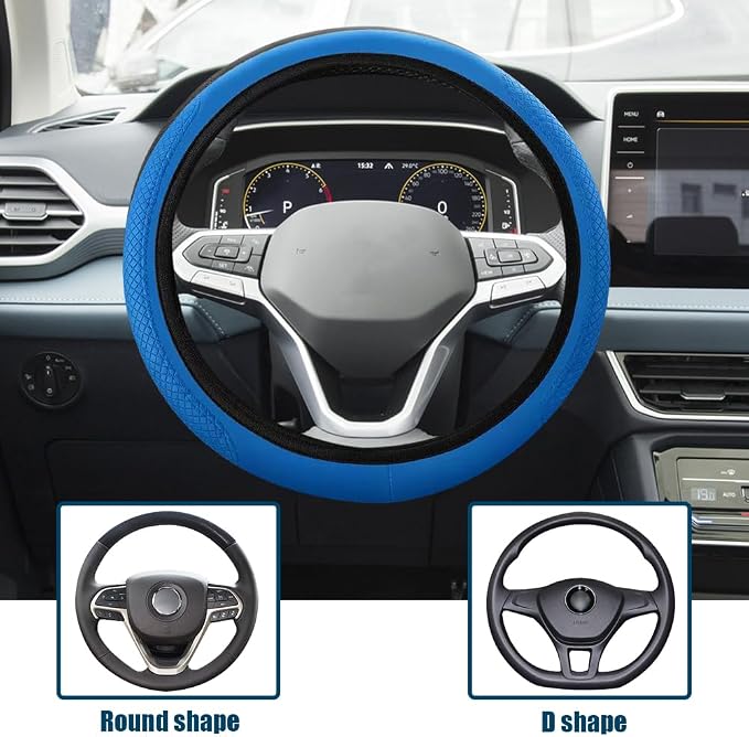 Car Steering Wheel Cover, Universal 14.5-15 Inch Blue Leather Steering Wheel Wrap with Better Sport Grip for Men Women, Anti-Slip Breathable Car Interior Accessories for Most Vehicles (Blue2)