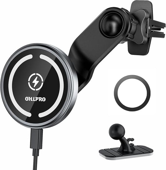 OHLPRO for MagSafe Car Mount Charger iPhone Wireless Car Charger, Stick on Dashboard Magnetic Phone Holder Mount for iPhone 17 Pro Max 16 15 14 Series, 15W Fast Charging, Aluminum Shell