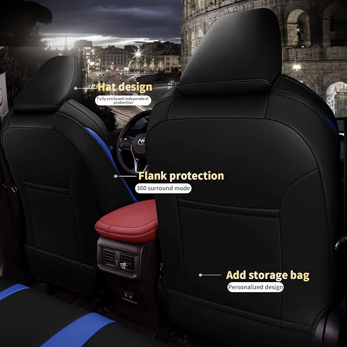 AOMSAZTO Car Seat Cover Fit for Toyota CHR 2018-2022 Faux Leather Seat Covers Protector Compatible Airbag Waterproof C-HR Full Set Black&Blue | CHR Seat Covers Premium Faux Leather Breathable Compatible Airbag Scratch Resistant 1:1 Customized Seat Cush...