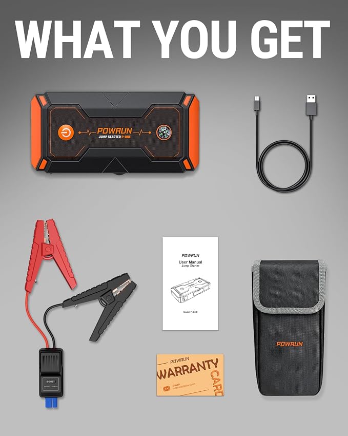 Powrun P-ONE Jump Starter, 2000A Portable Jump Box - Car Jump Starter Battery Pack for up to 8.0L Gas and 6.5L Diesel Engines, 12V Battery Jump Starter with Carry Case (Orange) | Up to 8.0L Gas Engine, 6.5L Diesel Engine, Includes Carry Case, Portable ...