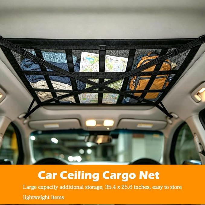 Car Ceiling Cargo Net, 35.4x25.6 Inch Large Overhead Storage Mesh Organizer with 1 Pockets, Double Layer Roof Bag for SUV Van, Camping Overlanding Gear, Adjustable Road Trip Essentials