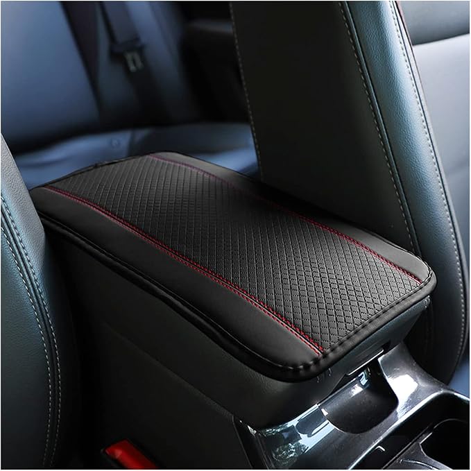8sanlione Car Armrest Storage Box Mat, Fiber Leather Car Center Console Cover, Car Armrest Seat Box Cover Accessories Interior Protection for Most Vehicle, SUV, Truck, Car (Black/Red)