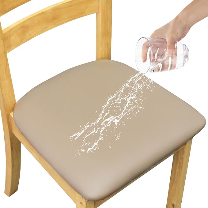 Leather Stretch Chair Seat Covers with Elastic Ties,Waterproof Dining Room PU Leather Chair Cover Seats,Removable Washable Chair Protector Seat Cushion Slipcovers for Home,Kitchen (khaki, 2 PCS)