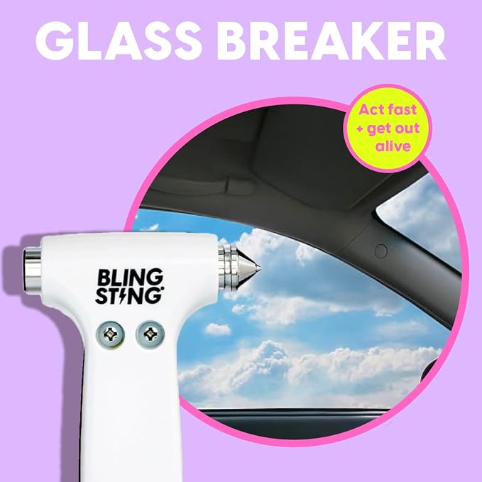 BLINGSTING Glammer Safety Hammer - Emergency Automotive Escape Hammer Tool, Seat Belt Cutter & Car Window Break Tool - White & Black, 2 Count