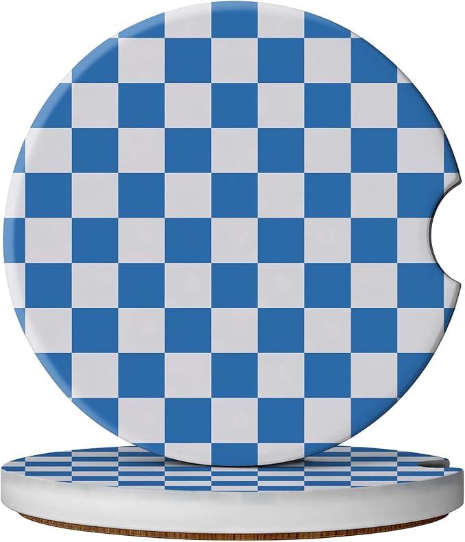 2 Pack Car Coasters for Cup Holders, Absorbent Ceramic Cup Coaster with Cork Base and Finger Notch, Cute Car Accessories Interior for Women Men (Grid-Blue)