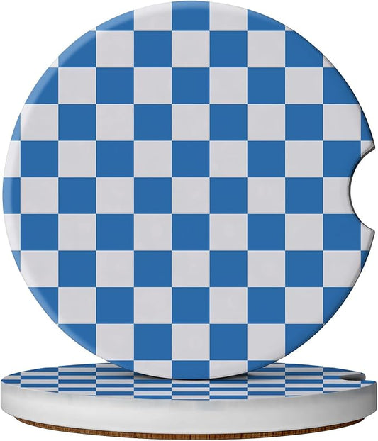 2 Pack Car Coasters for Cup Holders, Absorbent Ceramic Cup Coaster with Cork Base and Finger Notch, Cute Car Accessories Interior for Women Men (Grid-Blue)