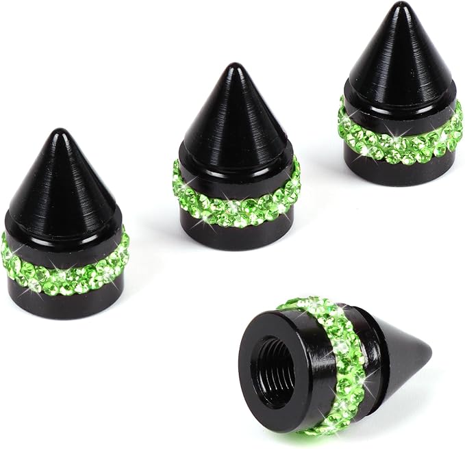 ToBeQueen Bling Green Tire Valve Caps, Handmade Crystal Rhinestone Dimand Stem Caps, 4 Pack Aluminum Alloy Universal Tire Cap Covers Bling Car Accessories(Green)