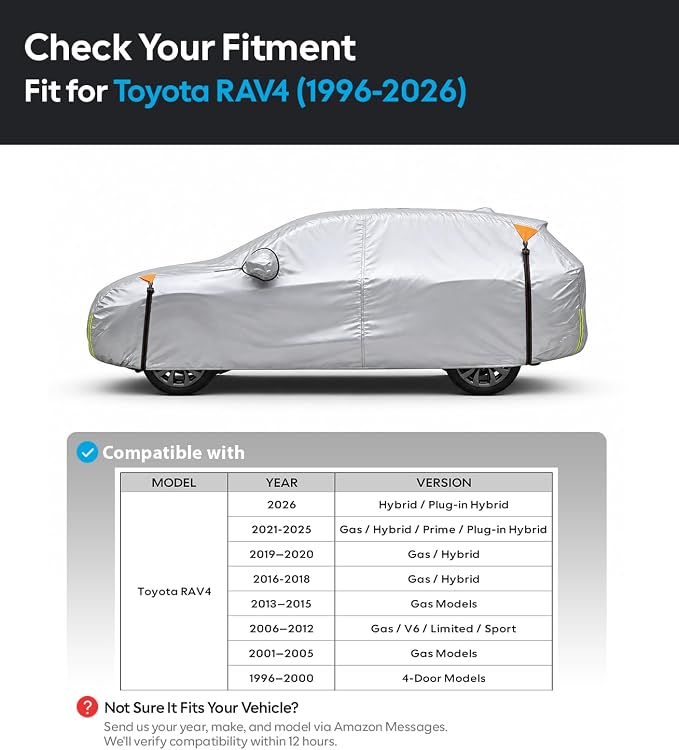 Wigoo Toyota RAV4 Car Cover 1996-2026, Custom Fit Waterproof All Weather Outdoor Full Exterior SUV Cover, Windproof Rain Sun UV Snow Dust Protection, Paint-Safe Lining, Door Zipper, RAV4 Accessories