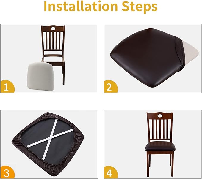 Fuloon Dining Chair Seat Covers 6 PCS, Solid Pu Leather Waterproof Seat Cushion Cover Oilproof Stretch Dining Chair Protctor Slipcover (Pu Dark Brown)