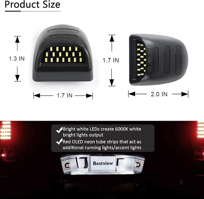 Bestview LED License Plate Light Tag Lamp Assembly - Tag Lights Led with Red OLED Neon Tube - Compatible with Chevy Silverado Suburban Tahoe GMC Sierra 1500 2500 3500 HD Escalade EXT, 2 Pieces