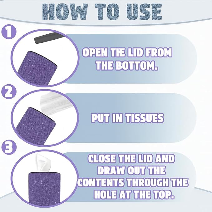 Bling Car Tissue Holder for Cup Holder – Sparkly Rhinestone Round Tissue Dispenser with 1 Pack Tissues – Fits Standard Auto Cup Holders – Stylish Car Interior Accessory for Women (Purple)