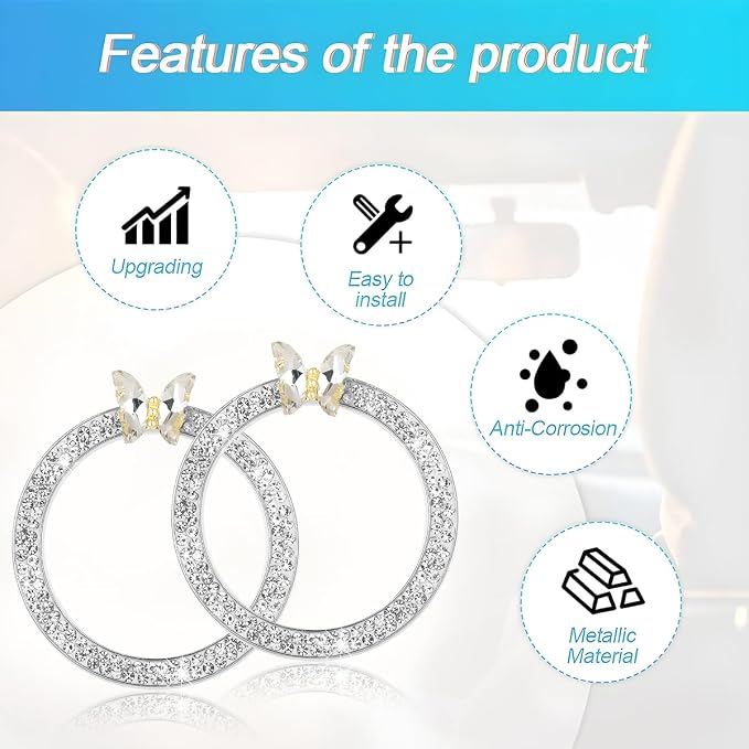 2PCS Bling Car Engine Start Stop Decoration Ring, Crystal Rhinestone Auto Push Start Button Ignition Ring Sticker, Vehicle Decor Accessories for Women Girls, Universal for Vehicles (White)