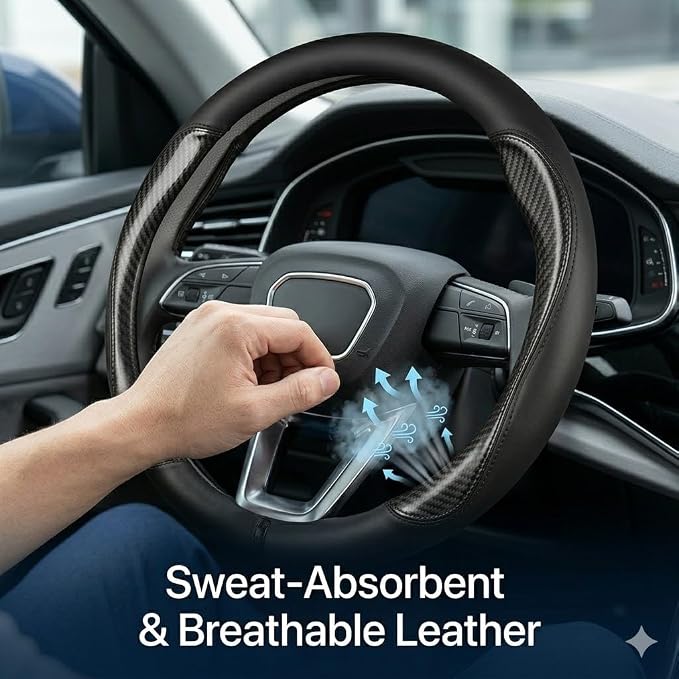 Carbon Fiber Car Steering Wheel Cover, Black Leather 14.5-15 Inch | Fine Microfiber Leather & Sporty Carbon Fiber Pattern Non-Slip Rubber Lining Fits 14.5 to 15 Inch Standard Wheels