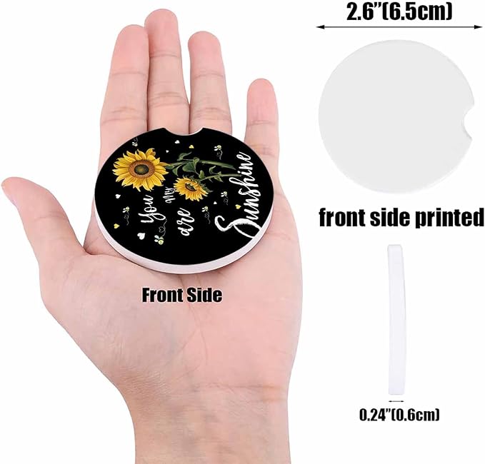 Small Car Coasters for Cup Holders 2.65" Absorbent 6 Pack Car Coaster Ceramic Stone for Drinks Absorb Water Drops You are My Sunshine Sunflower and Bee on Black