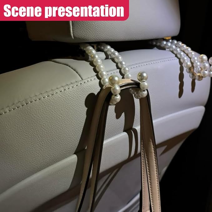 Elegant Pearl Car Seat Headrest Hook, Cute Automotive Seat Back Storage Hangers, Handbag & Purse Organizer Hook, Universal Vehicle Interior Decoration Accessories for Women Girls(2PCS)