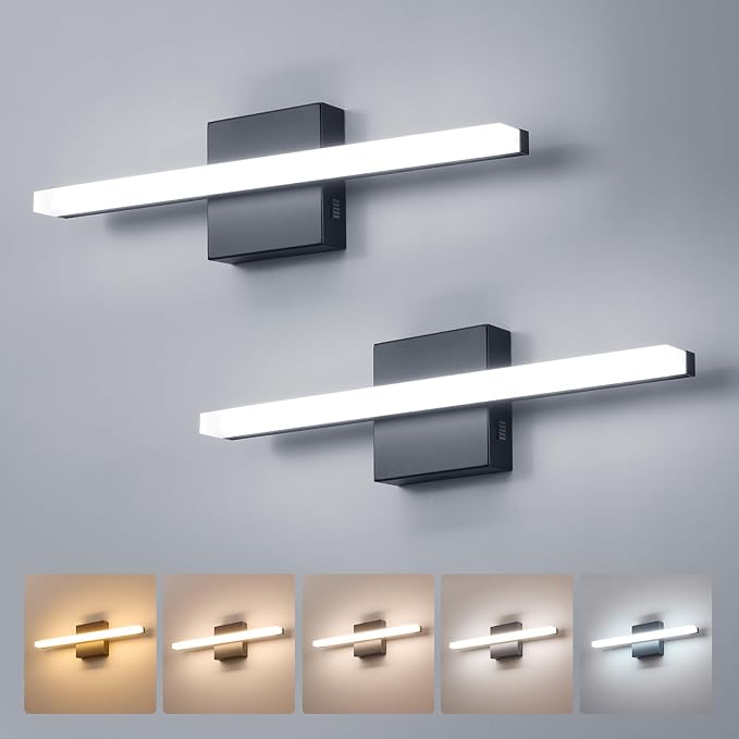 Combuh 2 Pack Modern Bathroom Light Fixtures Above Mirror Small Vanity Lighting Bar 16Inch, 5 Color Adjustable Black Simple Slim Led Wall Sconce IP44 Rustproof Bright 10W 880LM for Bath Restroom