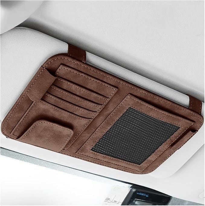 Car Sun Visor Organizer, Multi-Pocket Vehicle Sun Visor Storage Pouch with Sunglasses Clip, Auto Interior Sunshade Eyeglasses Card Holder Organizers, Universal for SUV Sedan Truck (Brown)