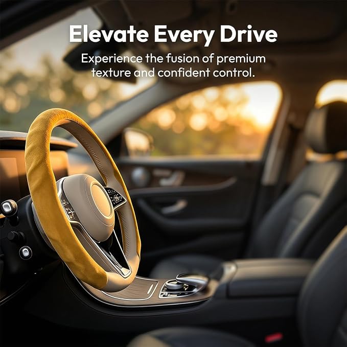 Mandark Car Steering Wheel Cover, Suede Sport Vehicle Steer Wheel Protector Fitting 15 Inch, Non-Slip Comfortable Automotive Interior Decoration Accessories, Universal Fit (Yellow)