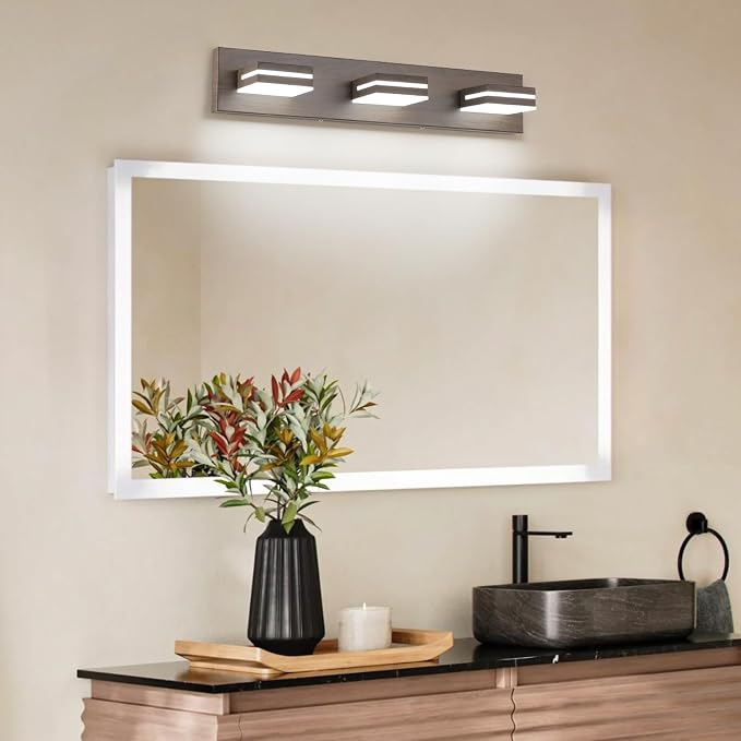 SineRise LED Modern Bathroom Vanity Light Fixtures (3-Light, 24-Inch), Brown Wood Painted Modern Acrylic Bathroom Wall Lighting Fixtures Over Mirror (Cool White 6000K)