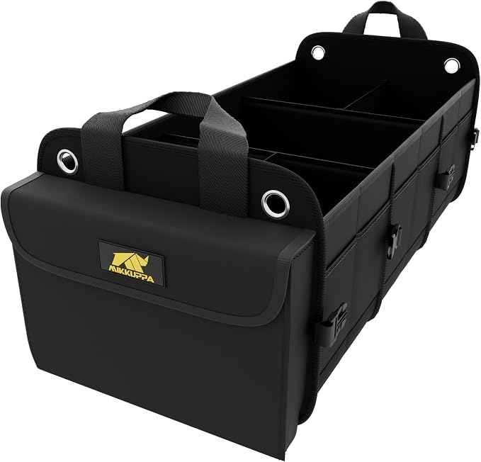 MIKKUPPA Car Trunk Organizer for SUV, 100L, Premium Material, Black | Collapsible Heavy Duty Large Car Organizer, Sturdy Trunk Storage for Car with Adjustable Straps and Non Slip Bottom