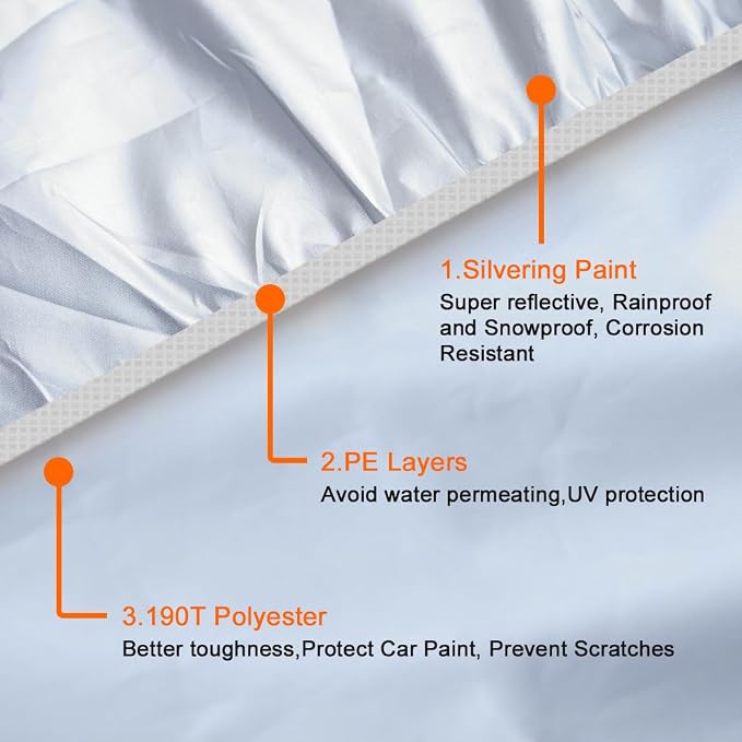 uxcell 3XL Silver Tone 190T Car Cover Outdoor Weather Waterproof Scratch Rain Snow Heat Resistant W Mirror Pocket 490 x 180 x 160cm