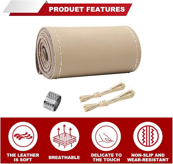 ZIMISI 15 Inch Genuine Leather Steering Wheel Cover (Beige,Glossy) | Anti-Slip Breathable Car Steering Wheel Stitching Wrap, DIY Sewing with Needle Thread, Stitch on Wrap Steering Wheel Cover
