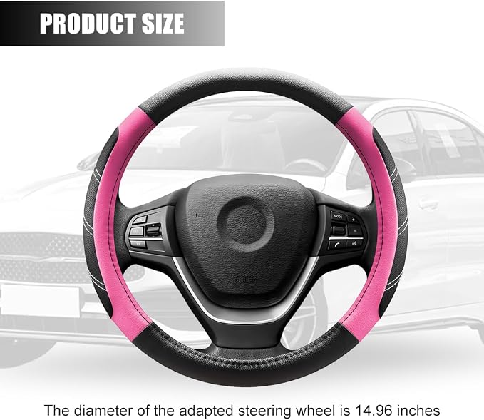 Zpana Car Steering Wheel Cover, 15 Inch Carbon Fiber Leather Non-Slip Steering Wheel Protector with Lining, Breathable Automotive Interior Accessories, Universal for SUV RV Truck (Pink)