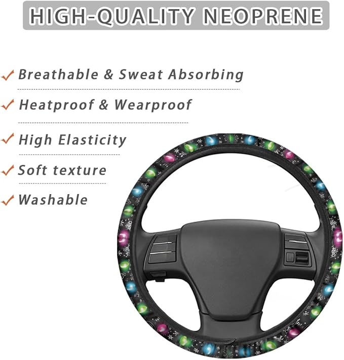 AFPANQZ Christmas Steering Wheel Covers Xmas Lights Print Car Steering Wheel Cover Universal Fit Almost Car Non-Slip Steering Wheel Covers Soft Sweat Absorbing Steering Wheel Protector Cover
