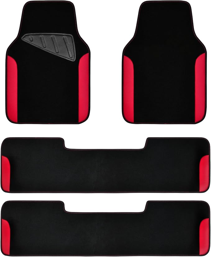 CAR PASS Waterproof Universal Faux Leather 3Row Car Floor Mats, Red Car Mats Fit for SUV,Vans,sedans, Trucks,Set of Vehicles Car Carpet with Driver Heel Pad and Anti-Slip Nibs Backing (Red 3Row)