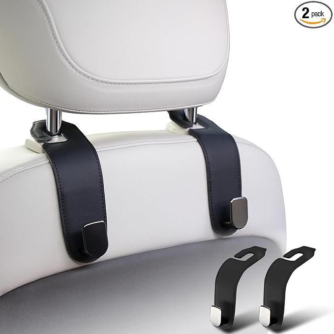 Car Headrest Hook, 2 Pack Leather Car Seat Hooks for Purses and Bags, Car Organization Accessories (Black)