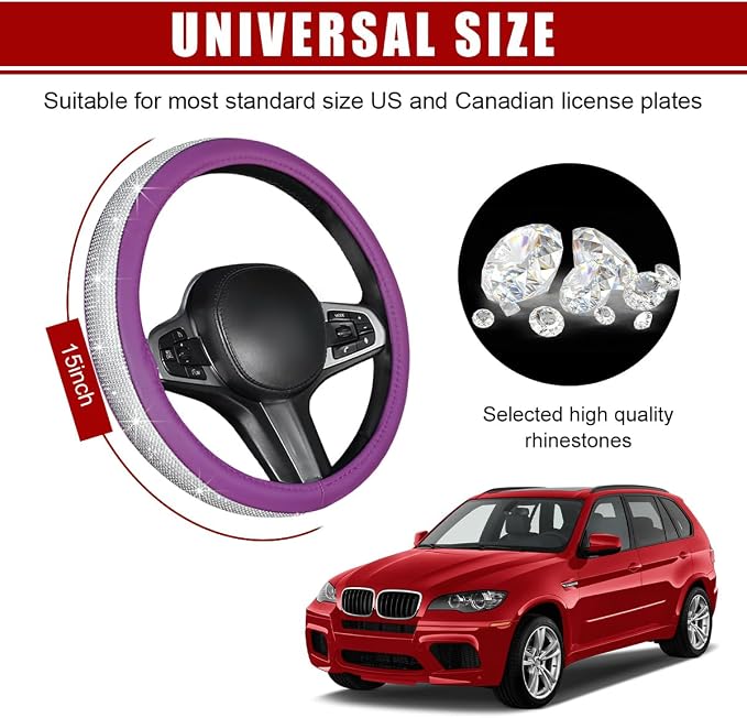 povtii Bling Car Steering Wheel Cover, Sparkling Crystal Rhinestone Auto Wheel Protector, Anti Slip Cover Fit 15 Inch Steering Wheel for Women Girls, Universal Car Accessories (White+Purple)