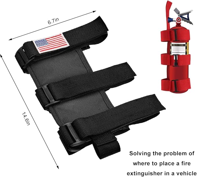 Ohleats Roll Bar Fire Extinguisher Holder, Adjustable Fire Extinguisher Mount Strap with American Flag Pattern, Car Accessories Fixed Belt for Wrangler JK JKU TJ CJ Gladiator (Black-2PCS)