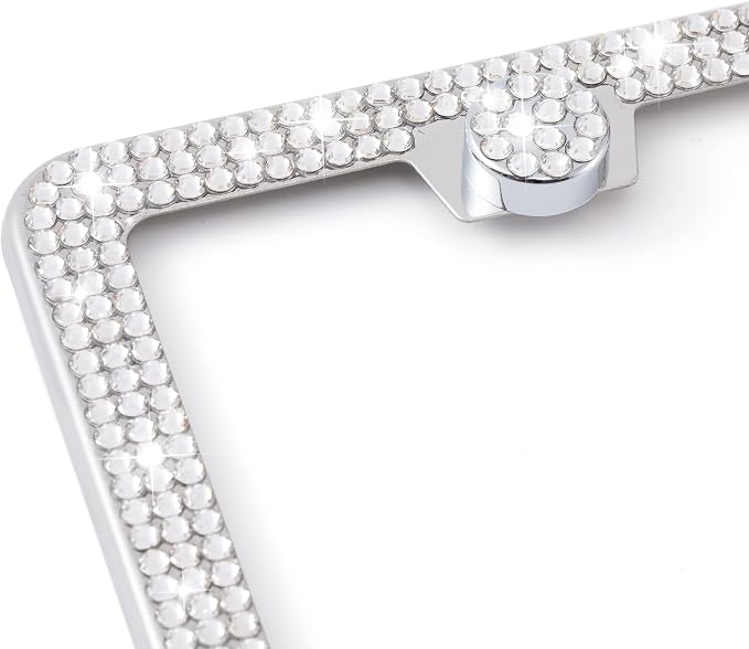 FIISFIIS Bling License Plate Frame for Women,2 Pack Premium Stainless Steel Rhinestone Car License Plate Holder,Handmade Glitter Crystal Diamond Girl Lincense Plate Cover ,Bedazzled Sparkly Caps-White
