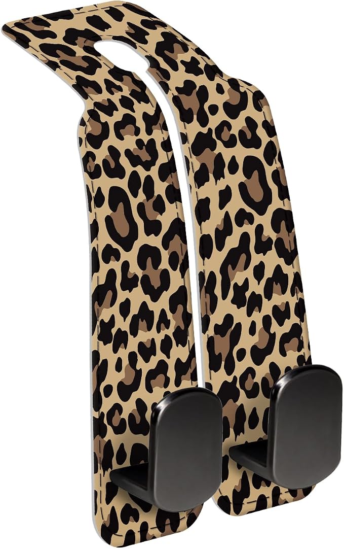 Car Seat Back Storage Headrest Hook, Premium Leather Double Metal Hook, Hanger Storage Organizer for Purse Cloth Bag, Car Interior Accessories Luxury Brown Leopard