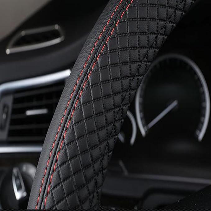 SHIAWASENA Car Steering Wheel Cover, Leather, Universal 15 Inch Fit, Anti-Slip & Odor-Free (Black&Bright Red)