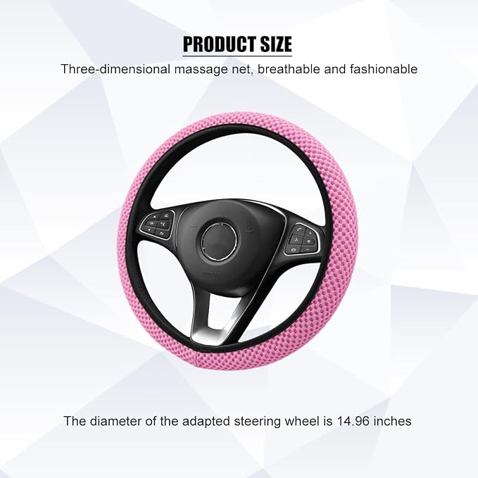Car Elastic Stretch Steering Wheel Cover, 14.5-15" Breathable Ice Silk Anti-Slip Vehicle Steering Wheel Protector, Comfy Auto Interior Protection Accessories, Universal Fit (Pink)