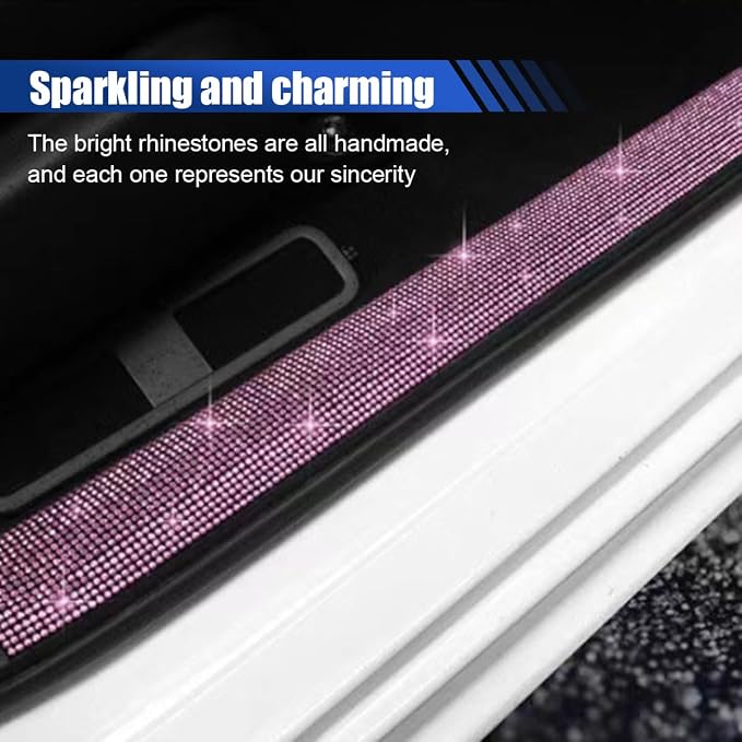 2PCS Car Door Edge Entry Guard, Bling Rhinestone Car Anti-Collision Adhesive Sticker Strip, Door Sill Strip for Rear Bumper Car SUV, Threshold Protective Stickers for Women (Pink)