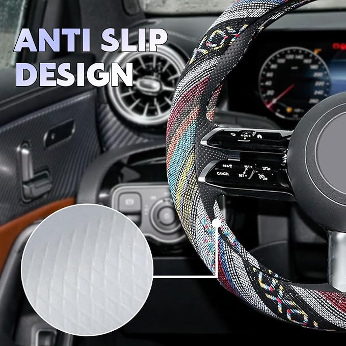 Boho Steering Wheel Cover, Steering Wheel Cover Women, 15 inch Hippie Style Protector Covers, Universal Ethnic Flax Cloth Car Accessories Universal for SUV Van Truck (Hippie-D)