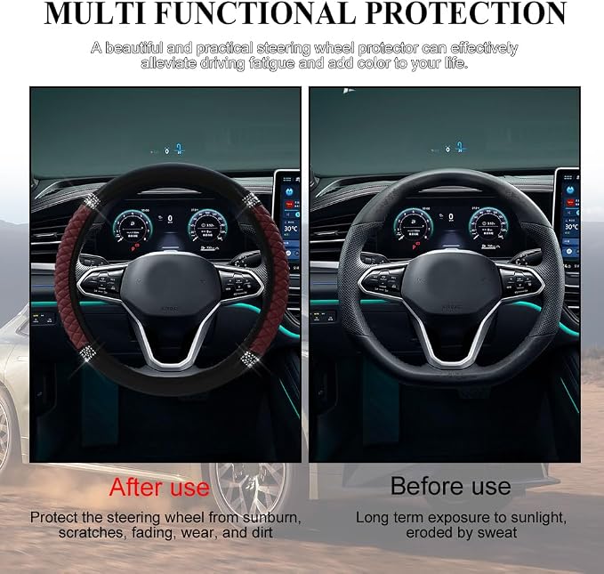 Bling Soft Leather Steering Wheel Cover, 15 Inch Colorful Rhinestones Auto Elastic Steering Wheel Protector for Women Girls, Car Accessories Anti Slip Steering Wheel Cover for Cars, SUVs (Wine red)