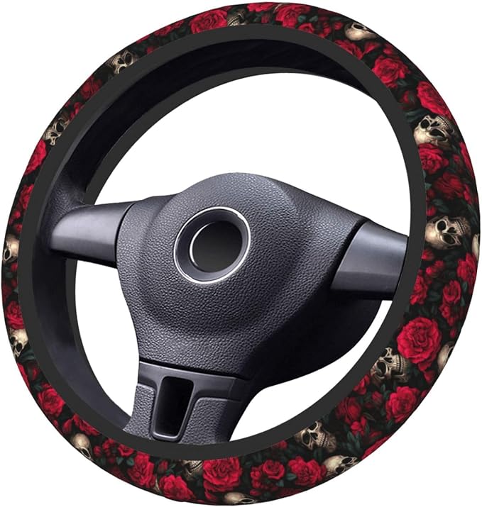 Red Rose Skull Steering Wheel Cover, Non-Slip Breathable Neoprene Steering Wheel Covers, Car Accessories Universal 15 Inch Fit Auto, Suvs, Truck