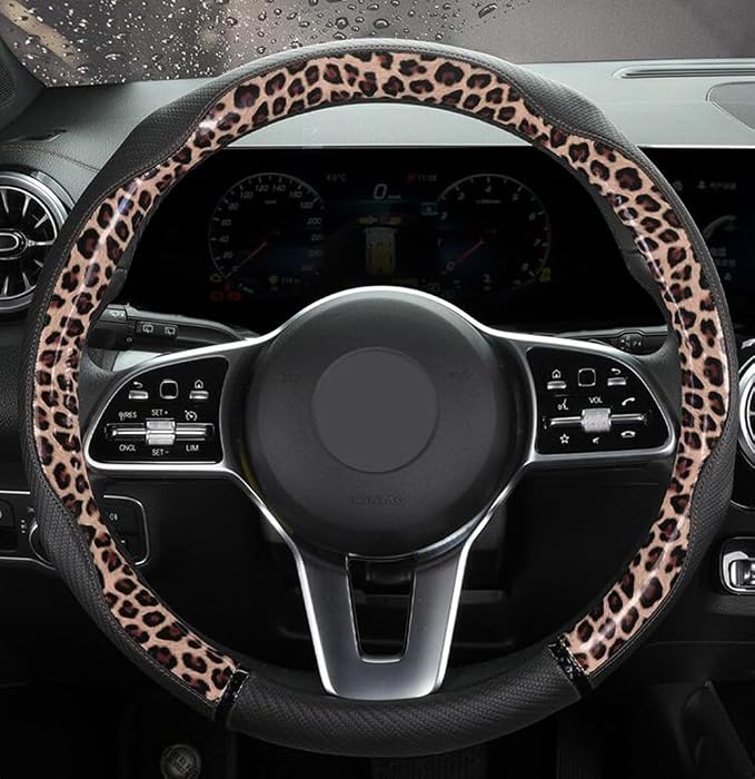 Peach Wood Grain Steering Wheel Cover Anti-Slip Breathable Durable Leather Four Seasons Universal 15 Inch Car Wrap Cover (Leopard-Coffee)