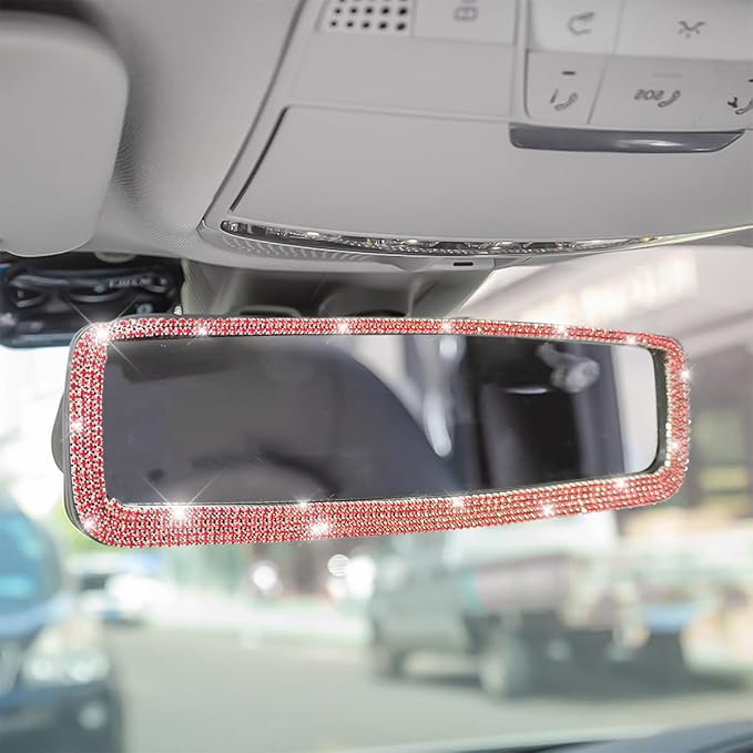 Osilly Bling Car Rearview Mirror, Decorations Rear View Mirror with Crystal Rhinestones & Diamonds, Car Interior Trim Accessories, Clip-on & HD Glass, Sparkly Gift for Mother Women Girls (Red)